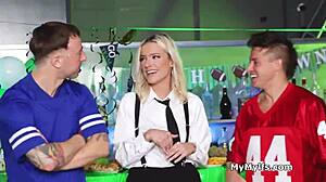 Freeuse sexy blonde bartender shared in hardcore group blowjob game!