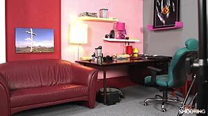 Shy petite redhead teen aids fake agent cumming on tits