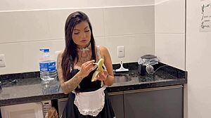 Brazilian maid without panties teases while pretending to clean in lingerie