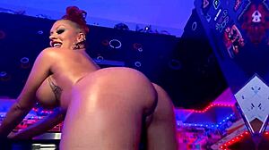 Redhead babe oils huge tits strips teases in kitchen closeup