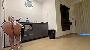 Brazilian maid without panties teases while pretending to clean in lingerie