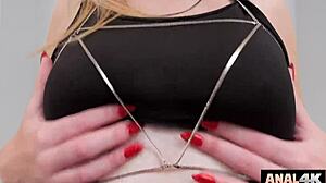 Butt plug stretches anal slut's gaping asshole for creampie drain