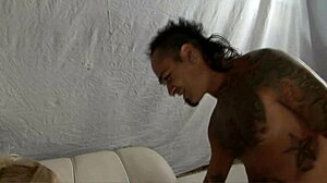 blonde milf mommy bent over bed takes deepthroat doggy in fishnets heels