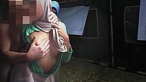 cutie sneaks army base for old soldier's uniform blowjob and orgasm