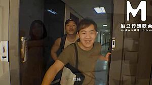 seductive asian babe in tight pants poses bent over tempting group sex with big asses riding