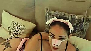 Miss Raquel's Naughty Halloween Piggy Chokes Gags Spits on Big Cock in Wet Latina Milf Cosplay