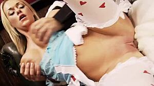 shaved pussy throbs with lust as she slobbers cock smiling for massive cumshot