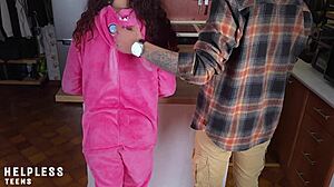 innocent petite teen stepdaughter moans as stepdad rips clothes spanks tight pussy kitchen