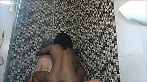 Ebony milf's wet pussy devoured by sugardaddy tongue in shower rimjob 😍 she screams riding his face!