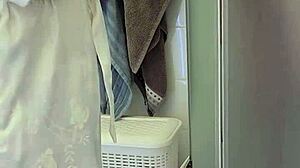 stepmom grabs my big cock in shower helps me jerk off till i cum on her huge tits