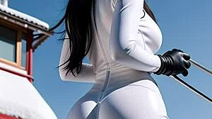 leather-clad beauty fucks publicly at ski resort!