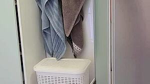 stepmom grabs my big cock in shower helps me jerk off till i cum on her huge tits