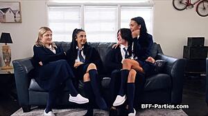 Bianca's busty girlfriends milk her boyfriend's throbbing hard cock