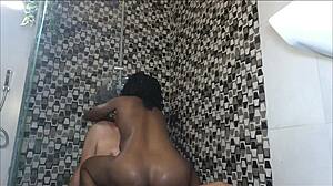 Ebony milf's wet pussy devoured by sugardaddy tongue in shower rimjob 😍 she screams riding his face!