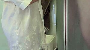 stepmom grabs my big cock in shower helps me jerk off till i cum on her huge tits