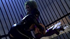 catwoman gets anal fucked bent over in cage during wild threesome orgy