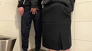 curvy stepmom bends over public toilet hairy pussy for stepson cum explosion