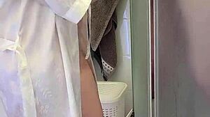 stepmom grabs my big cock in shower helps me jerk off till i cum on her huge tits