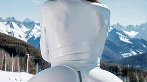 leather-clad beauty fucks publicly at ski resort!