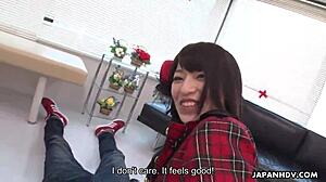 Japanese brunette Ruri Narumiya grinds hairy pussy on guy's face in uncensored facesitting heels