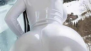 leather-clad beauty fucks publicly at ski resort!