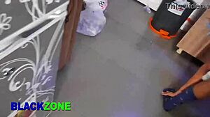 Young stepson sneaks peeks at ebony stepmom's ass in kitchen