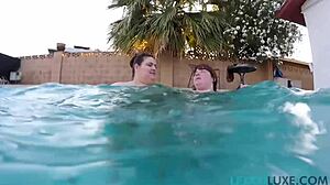 Lexxxi Luxe and her busty BBW friend play underwater in pool