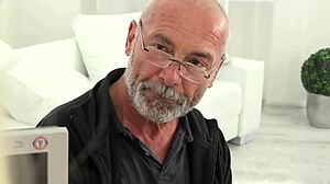 blonde teen jerks and sucks old grandpa's cock to mouthful cum