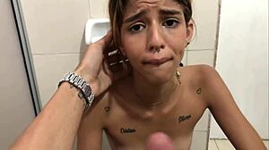 My stepsister catches me jerking in her bathroom and lets me cum on her young face full story