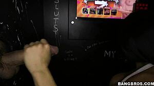 athletic fitness chick kneels eagerly at glory hole gulping thick cum loads