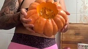 Halloween Kitchen Flashing Big Pussy Lips Before Becoming Dessert for Husband's Friend