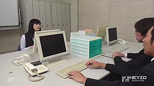 Stressed Japanese newbie Yui Watanabe blows and creampies to relieve tension