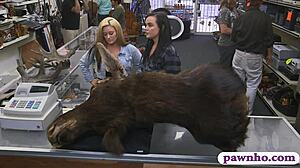 couple lesbians caught spying now pounded hard by pawn keeper in storage room threesome