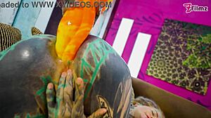 skinny tattoo slut gaps her asshole wide with huge xl dildo in fishnets and heels