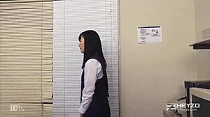 Stressed Japanese newbie Yui Watanabe blows and creampies to relieve tension