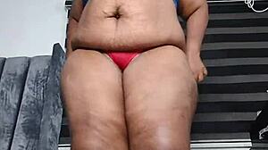 Mara Exotic fat belly milf stands masturbates to squirting orgasm full video red panties