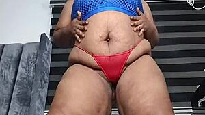 Mara Exotic fat belly milf stands masturbates to squirting orgasm full video red panties