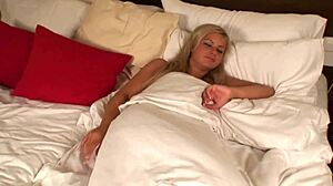 Blonde teen mommy spreads shaved pussy in fishnets heels!