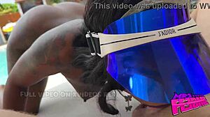 Black bull creampies slut pussy outdoors by pool