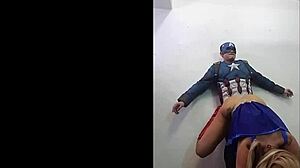 Savana Styles kneels in cosplay sucking captain america before hardcore milf fuck