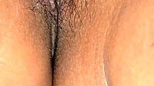 Panties aside for wet latina milf's hairy pussy creampie closeup explosion