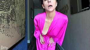 Naughty brunette babe flashes big clit wet pussy lips