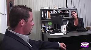 Brunette undresses big tits during outdoor public interview then pussy lick