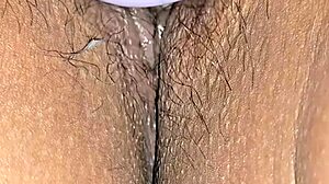 Panties aside for wet latina milf's hairy pussy creampie closeup explosion
