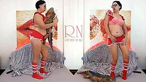 Schoolgirl in sexy uniform dances teasingly, stripping panties for huge iguana toy double play with regina