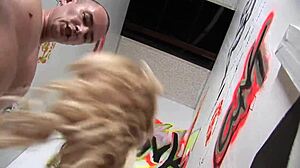 Sexy skinny blonde amateur fucks dripping wet gloryhole cock quickie orgasm