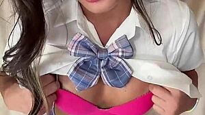 japanese shemale schoolgirl bitch plays with dildo in solo masturbation?