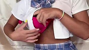 japanese shemale schoolgirl bitch plays with dildo in solo masturbation?