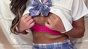 japanese shemale schoolgirl bitch plays with dildo in solo masturbation?