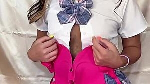 japanese shemale schoolgirl bitch plays with dildo in solo masturbation?